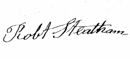 Photo of Robert Steatham's signature (Reproduced here with the kind permission of Lichfield Record Office and the Lichfield Diocesan Registrar ref B/C/11)